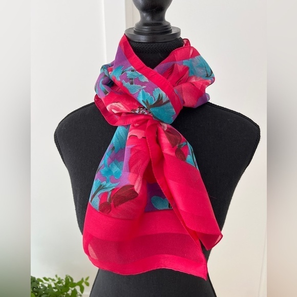 BILL BLASS  for Careta Signed Vintage Sheer Floral Scarf Poppies Made in Italy - Picture 1 of 10